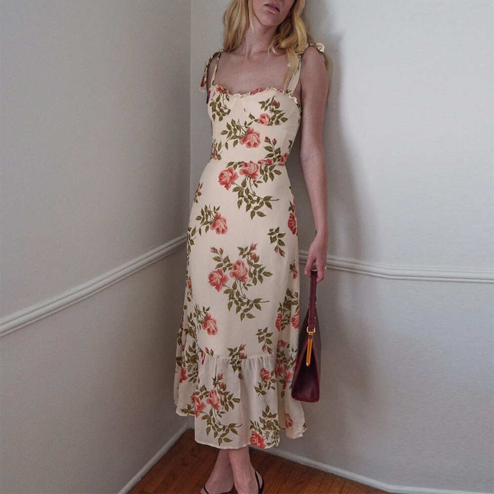 Elegant Ruffle Hem Beach Summer Dress Sweetheart Neck Tie Strap Midi Dress