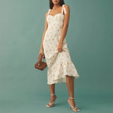 Elegant Ruffle Hem Beach Summer Dress Sweetheart Neck Tie Strap Midi Dress
