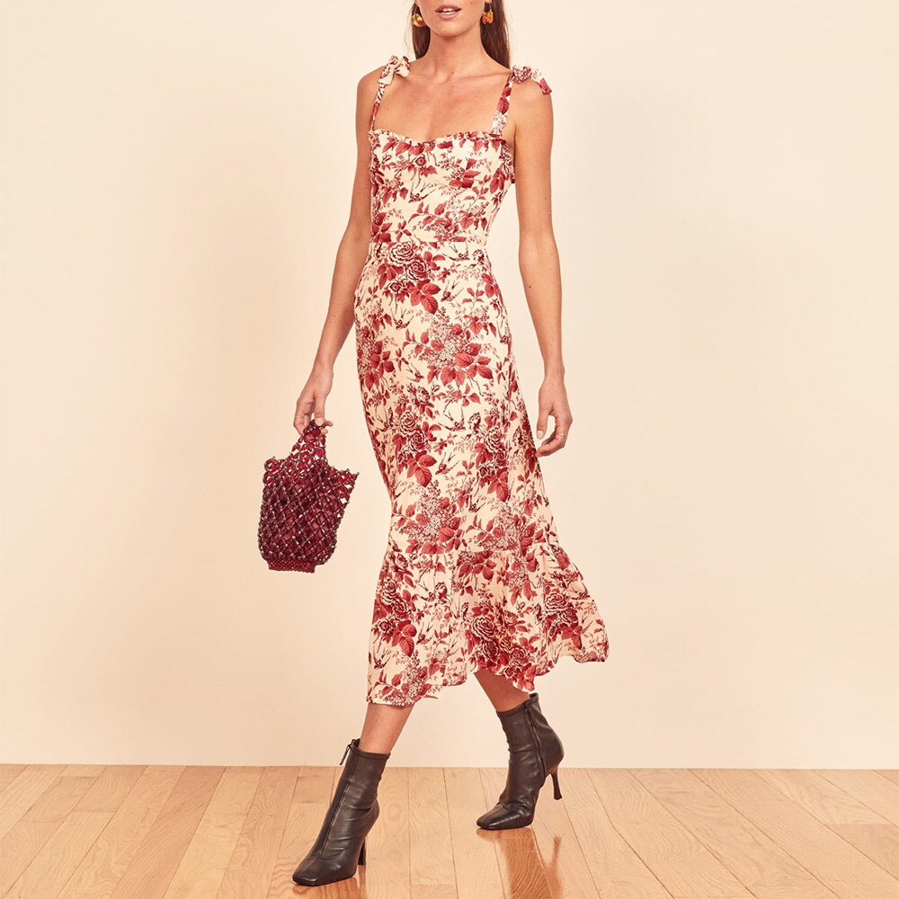 Elegant Ruffle Hem Beach Summer Dress Sweetheart Neck Tie Strap Midi Dress