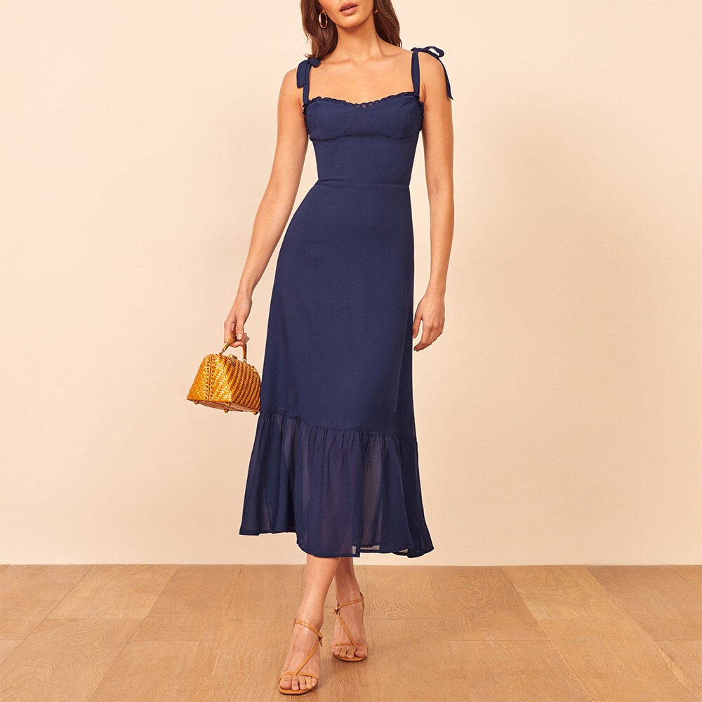 Elegant Ruffle Hem Beach Summer Dress Sweetheart Neck Tie Strap Midi Dress