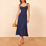 Elegant Ruffle Hem Beach Summer Dress Sweetheart Neck Tie Strap Midi Dress