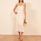 Elegant Ruffle Hem Beach Summer Dress Sweetheart Neck Tie Strap Midi Dress