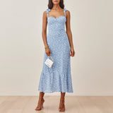 Elegant Ruffle Hem Beach Summer Dress Sweetheart Neck Tie Strap Midi Dress