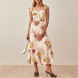 Elegant Ruffle Hem Beach Summer Dress Sweetheart Neck Tie Strap Midi Dress