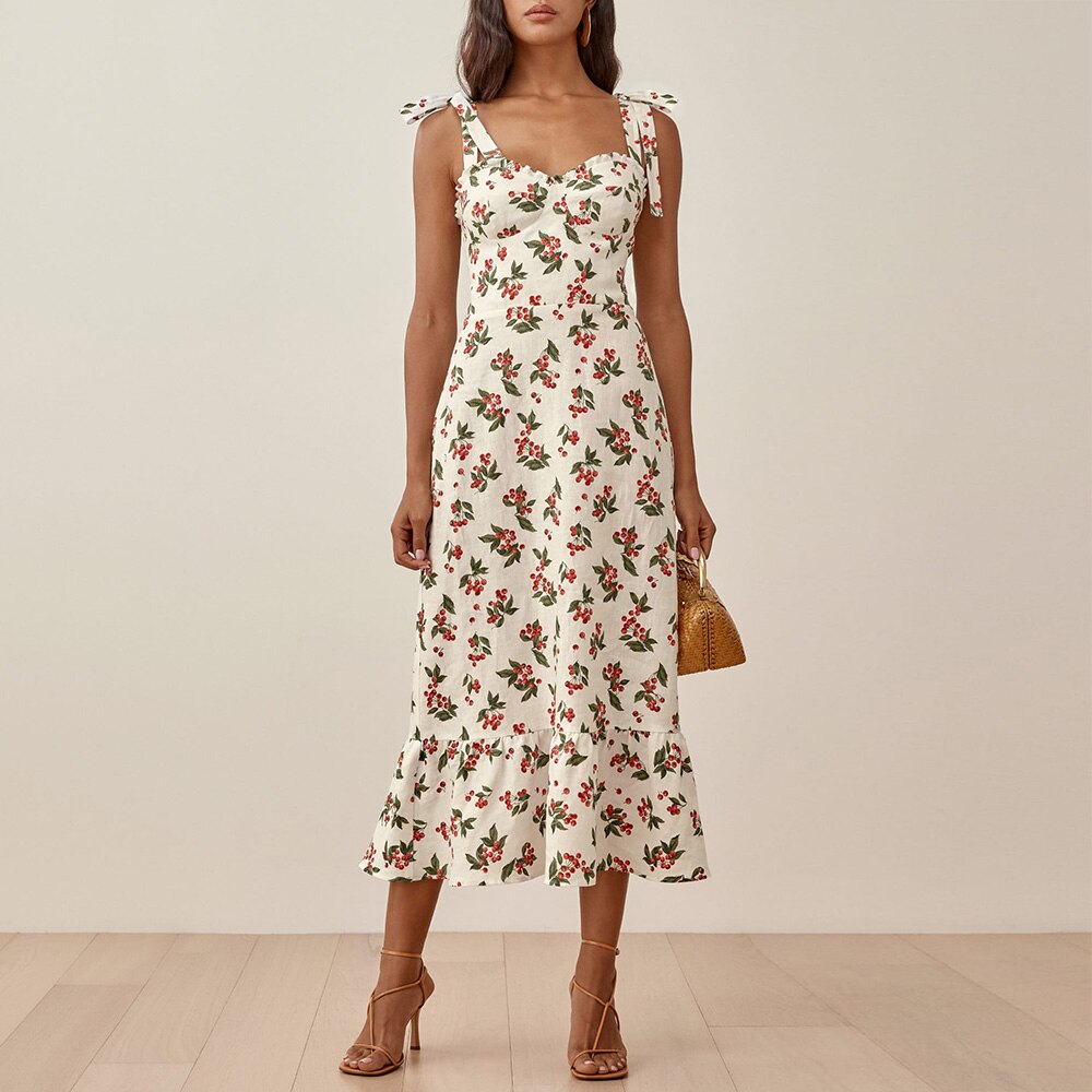 Elegant Ruffle Hem Beach Summer Dress Sweetheart Neck Tie Strap Midi Dress