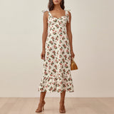 Elegant Ruffle Hem Beach Summer Dress Sweetheart Neck Tie Strap Midi Dress