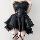 90s Vintage Gothic Black Party Hollow Out High Waist Lace-up Corset Mini Dress