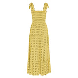 2025 Dot Square Neck Pleated Long Holiday Beach Casual Boho Dress