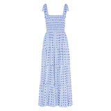 2025 Dot Square Neck Pleated Long Holiday Beach Casual Boho Dress