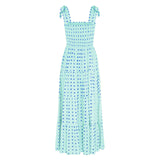 2025 Dot Square Neck Pleated Long Holiday Beach Casual Boho Dress
