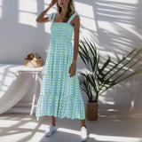 2025 Dot Square Neck Pleated Long Holiday Beach Casual Boho Dress