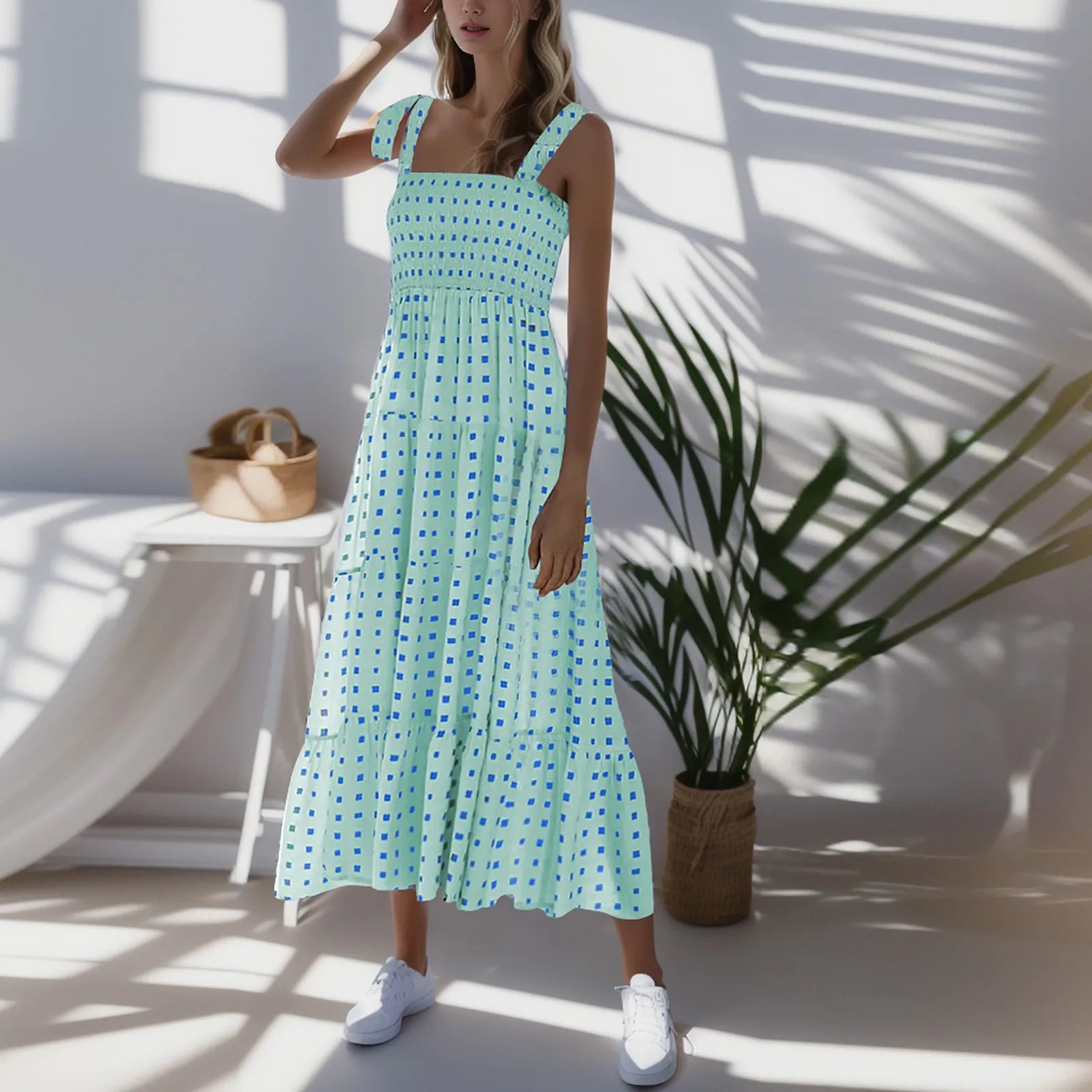 2025 Dot Square Neck Pleated Long Holiday Beach Casual Boho Dress