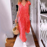 Boho Floral V Neck Short Sleeve Flowy Swing A Line Long Women's Boho Dress
