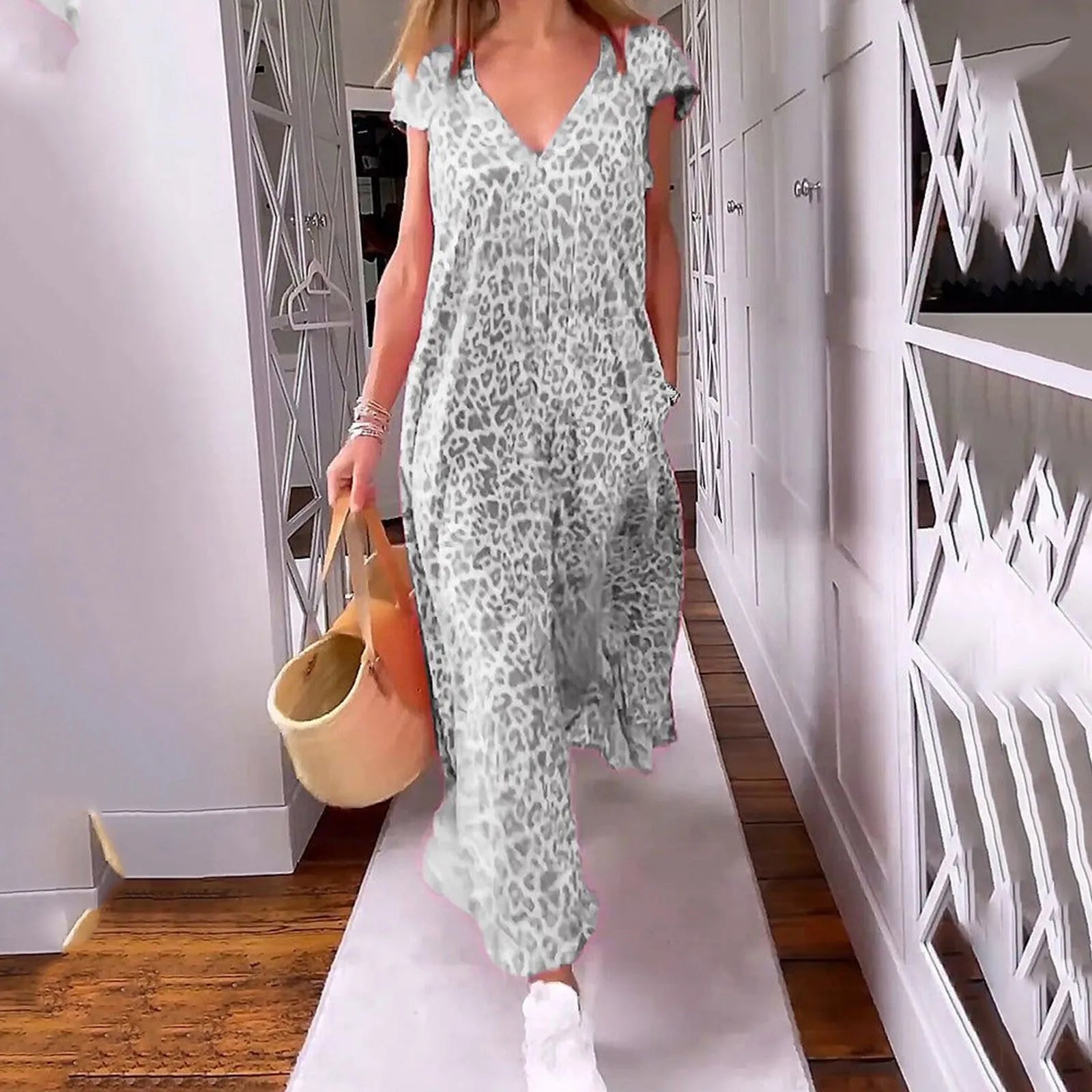 Boho Floral V Neck Short Sleeve Flowy Swing A Line Long Women's Boho Dress