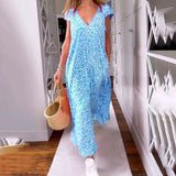 Boho Floral V Neck Short Sleeve Flowy Swing A Line Long Women's Boho Dress