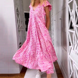 Boho Floral V Neck Short Sleeve Flowy Swing A Line Long Women's Boho Dress