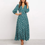 Offer Liquidation V-Neck Long Sleeved High Waisted Chiffon Print Holiday Women's Boho Dress
