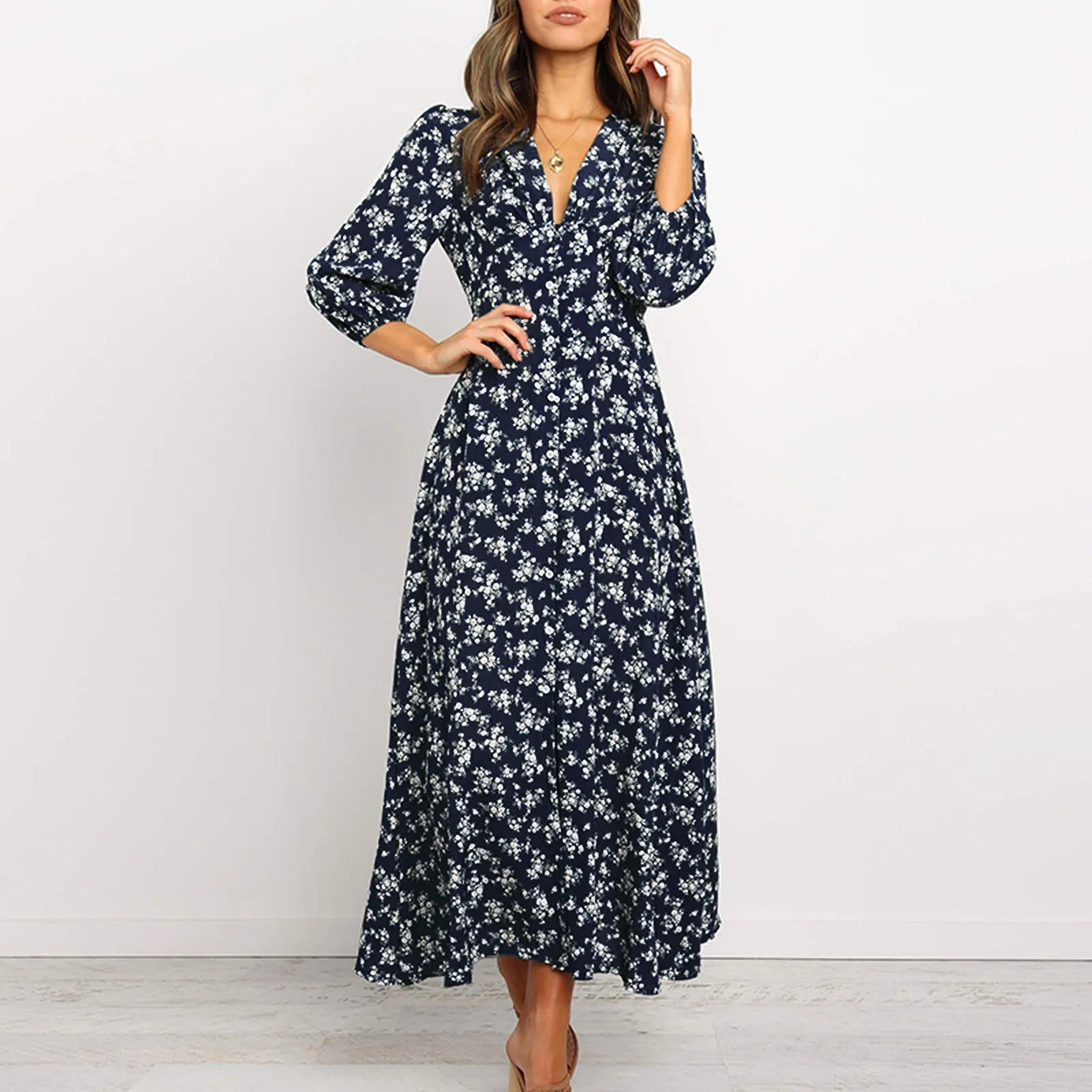 Offer Liquidation V-Neck Long Sleeved High Waisted Chiffon Print Holiday Women's Boho Dress
