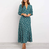 Offer Liquidation V-Neck Long Sleeved High Waisted Chiffon Print Holiday Women's Boho Dress