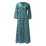 Offer Liquidation V-Neck Long Sleeved High Waisted Chiffon Print Holiday Women's Boho Dress