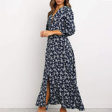 Offer Liquidation V-Neck Long Sleeved High Waisted Chiffon Print Holiday Women's Boho Dress