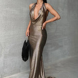Glitter Halter V Neck Backless Party Evening Birthday Elegant Prom Maxi Dress Women
