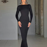 Long Sleeve Backless Ruched Party Birthday Evening Outfits 2025 Spring Summer Maxi Dress Women