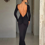Long Sleeve Backless Ruched Party Birthday Evening Outfits 2025 Spring Summer Maxi Dress Women