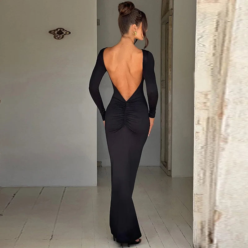 Long Sleeve Backless Ruched Party Birthday Evening Outfits 2025 Spring Summer Maxi Dress Women