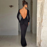 Long Sleeve Backless Ruched Party Birthday Evening Outfits 2025 Spring Summer Maxi Dress Women