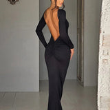 Long Sleeve Backless Ruched Party Birthday Evening Outfits 2025 Spring Summer Maxi Dress Women