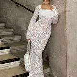 Sleeve See Through Black Sheer Midi Party Club Streetwear Y2K Maxi Dress Women