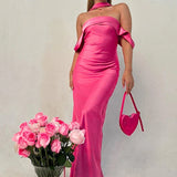 Satin Off Shoulder Party Birthday Evening Summer Maxi Dress Wholesale Women