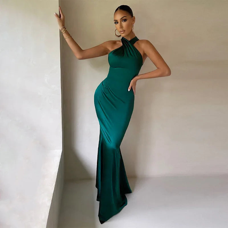 Sleeveless Cross Halter Backless Bodycon Sexy Elegant Party Club Evening Summer Maxi Dress Women