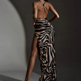 Zebra Print Side Slit Patchwork Backless Sexy Party Club 2025 Summer Maxi Dress Women