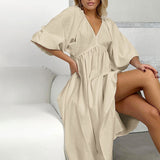 Early Cotton Solid Color Maxi Dress V neck Half Sleeve Hollow Out Cutout Backless Casual Dress