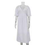 Early Cotton Solid Color Maxi Dress V neck Half Sleeve Hollow Out Cutout Backless Casual Dress