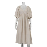 Early Cotton Solid Color Maxi Dress V neck Half Sleeve Hollow Out Cutout Backless Casual Dress