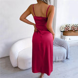Women's Sexy Split Sun Sleeveless Low Neck Satin Sexy Open Back Strap Vestidos Midi Dress