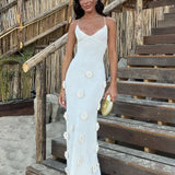Knitted Beach 3D Floral Slim Strap Sexy Backless Fashion Party White Long Summer Evening Maxi Dress
