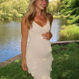 Knitted Beach 3D Floral Slim Strap Sexy Backless Fashion Party White Long Summer Evening Maxi Dress