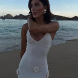 Knitted Beach 3D Floral Slim Strap Sexy Backless Fashion Party White Long Summer Evening Maxi Dress