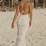 Knitted Beach 3D Floral Slim Strap Sexy Backless Fashion Party White Long Summer Evening Maxi Dress