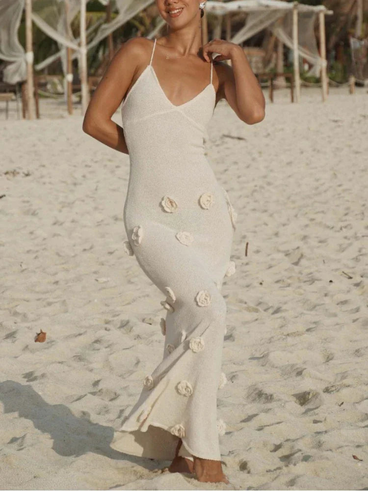 Knitted Beach 3D Floral Slim Strap Sexy Backless Fashion Party White Long Summer Evening Maxi Dress