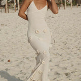 Knitted Beach 3D Floral Slim Strap Sexy Backless Fashion Party White Long Summer Evening Maxi Dress