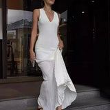Knitted Patchwork V-neck Draped Fashionable Beach Vacation Party Stylish Maxi Dress