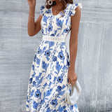 Lace Stitching Floral Print Hollow Beach Long Dress
