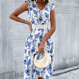 Lace Stitching Floral Print Hollow Beach Long Dress