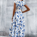 Lace Stitching Floral Print Hollow Beach Long Dress