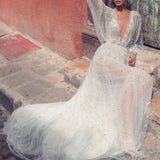 Sexy V-Neck Mesh Backless Elegant Prom Party Dress